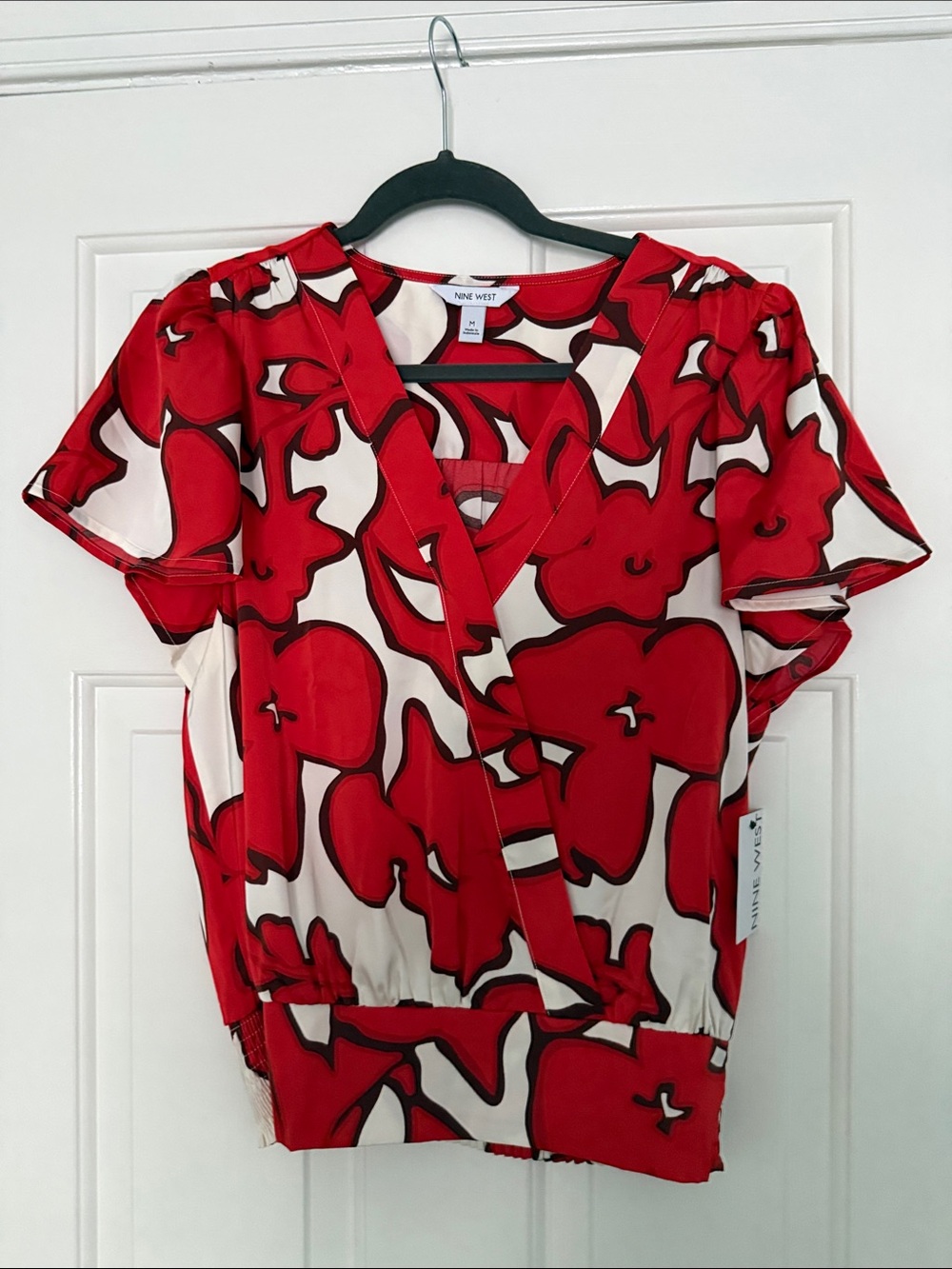 Nine West Red and White Floral Wrap-Style Blouse